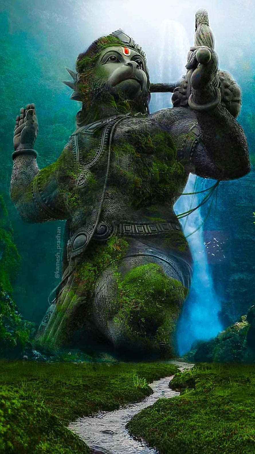 Moss-covered Hanuman statue in mystical forest with waterfall background, Hanuman ji statue mobile, hanuman statue HD phone wallpaper