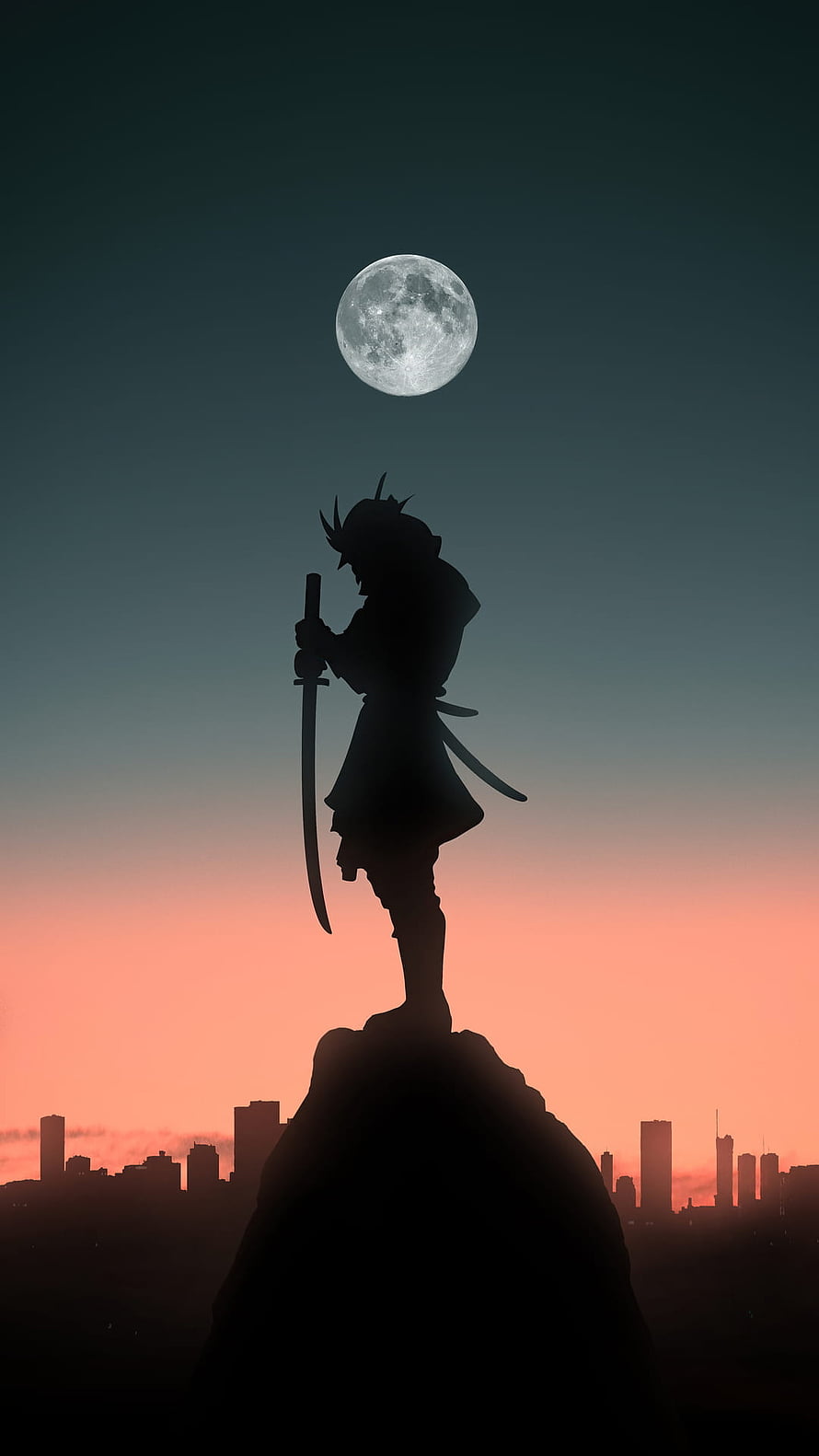 Silhouette of a Samurai Warrior Holding a Katana on a Cliff with Full Moon and City Skyline HD phone wallpaper