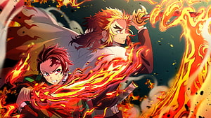 Tanjiro and Kyojuro Rengoku Wielding Flame Breathing Swords in Dynamic Anime Battle Scene HD wallpaper