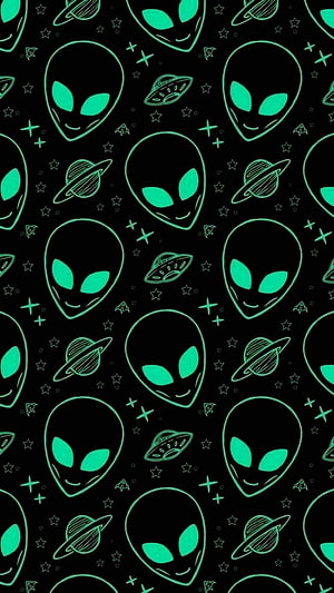 Glowing Green Alien Face Pattern with UFOs and Stars on Black Background HD phone wallpaper