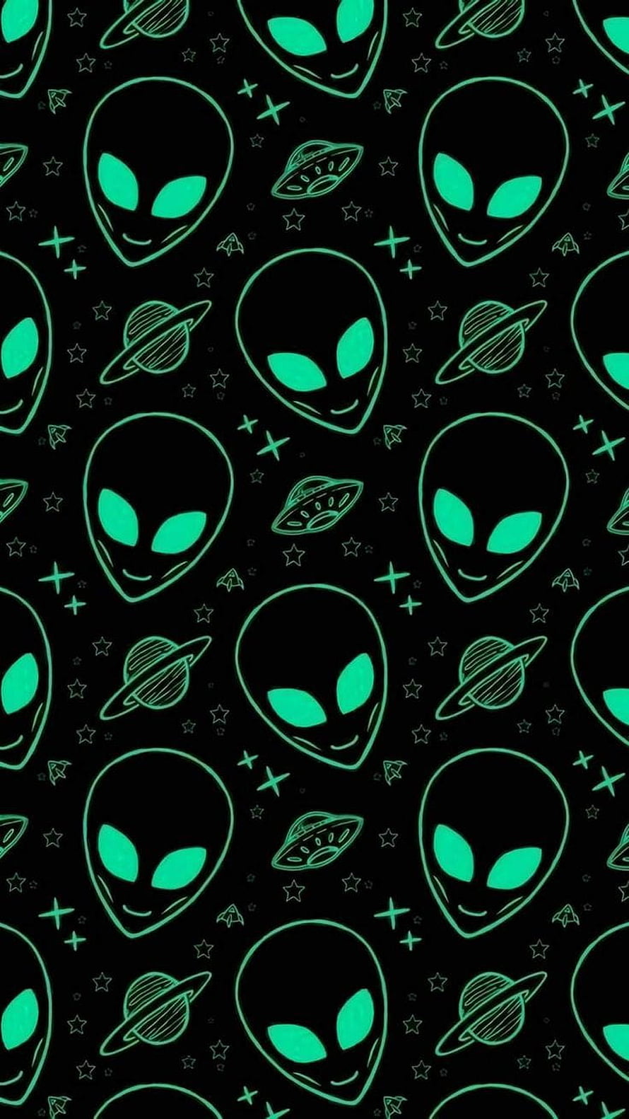 Glowing Green Alien Face Pattern with UFOs and Stars on Black Background HD phone wallpaper