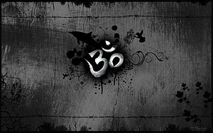 Black and White Om Symbol with Floral Vines and Birds on Grunge Background HD wallpaper