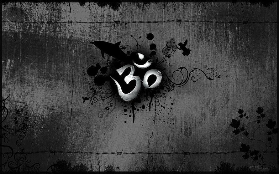 Black and White Om Symbol with Floral Vines and Birds on Grunge Background HD wallpaper