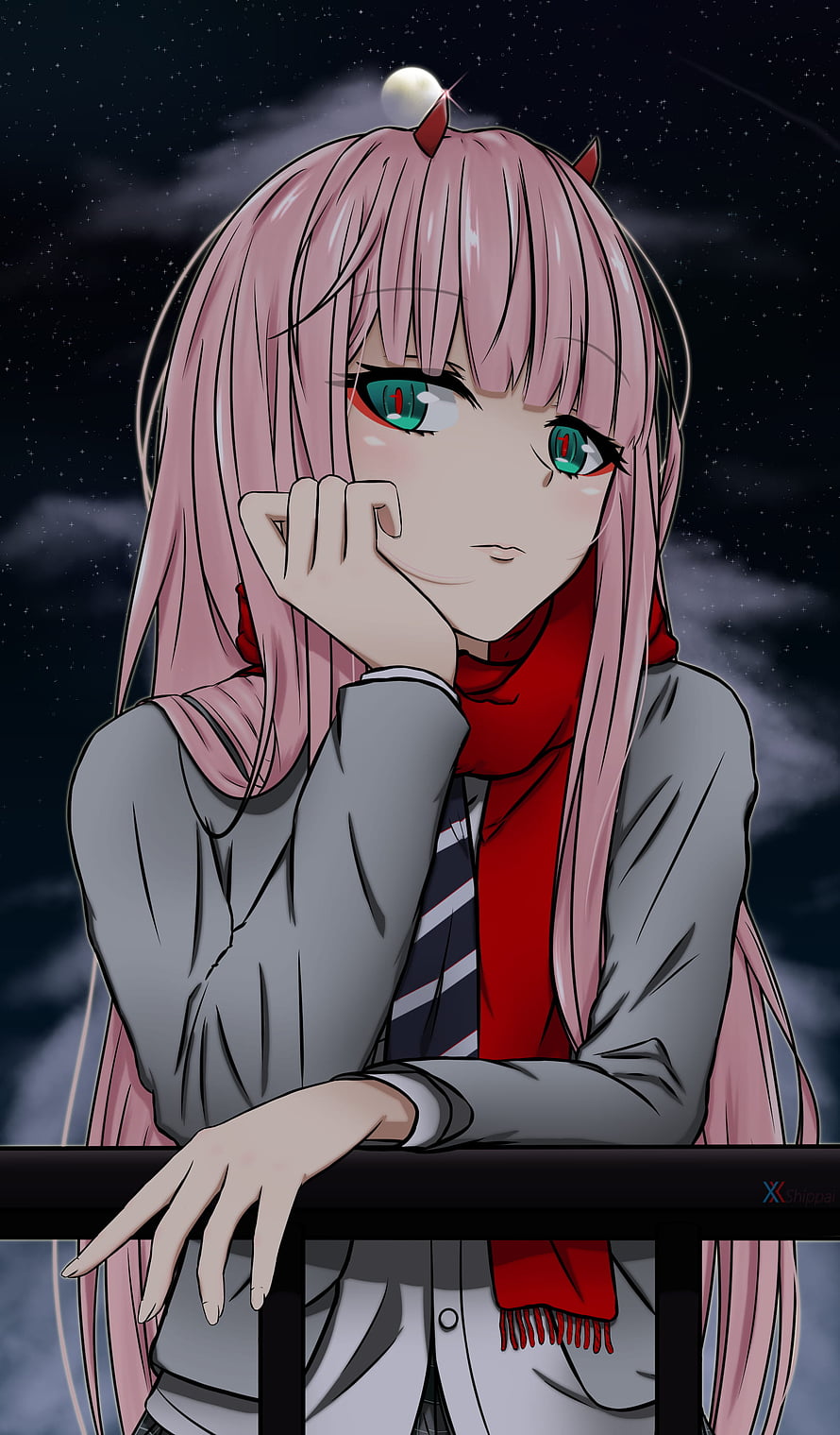 Zero Two anime character with pink hair and red scarf against a starry night sky HD phone wallpaper