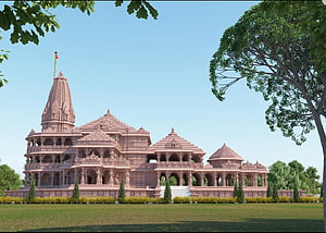 Grand Pink Sandstone Hindu Temple Architecture with Intricate Carvings and Spire HD wallpaper