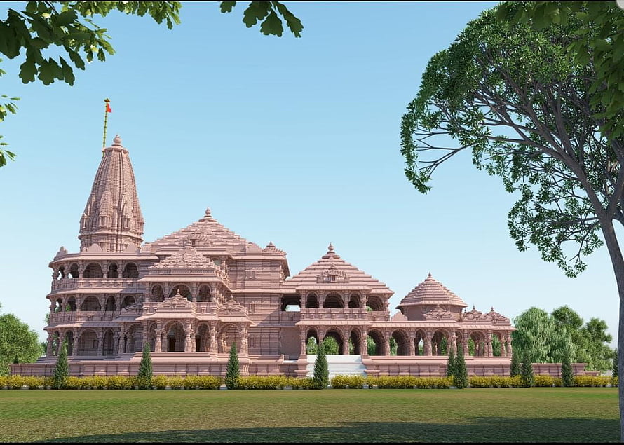 Grand Pink Sandstone Hindu Temple Architecture with Intricate Carvings and Spire HD wallpaper