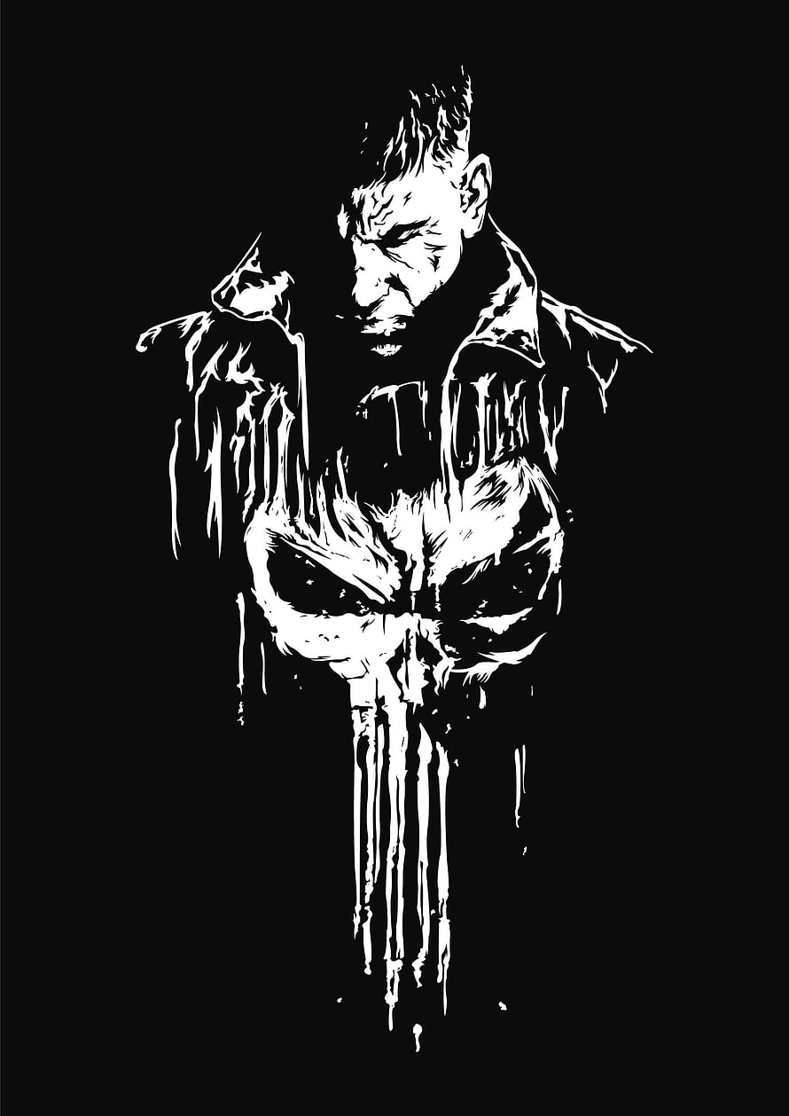 The Punisher High Contrast Black and White Skull Illustration HD phone wallpaper