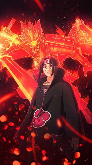 Itachi Uchiha with Susano in Fiery Red Anime Artwork HD phone wallpaper