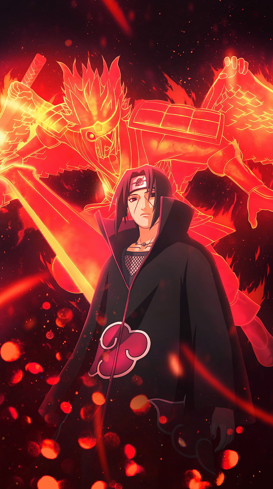 Itachi Uchiha with Susano in Fiery Red Anime Artwork HD phone wallpaper