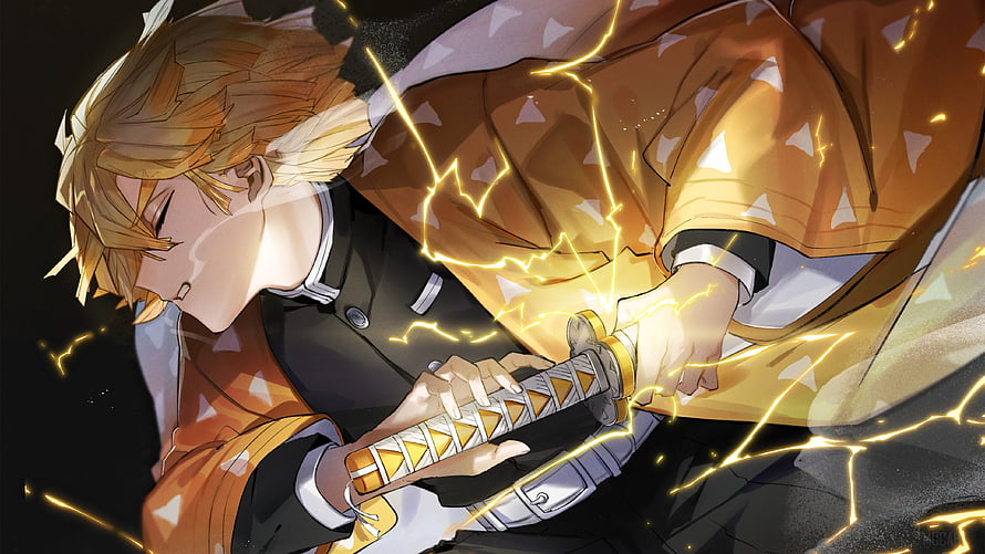 Zenitsu Agatsuma from Demon Slayer in a Thunder Breathing Stance HD wallpaper