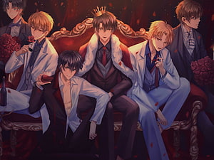 Brothers Conflict anime characters group portrait in formal suits and red roses HD wallpaper