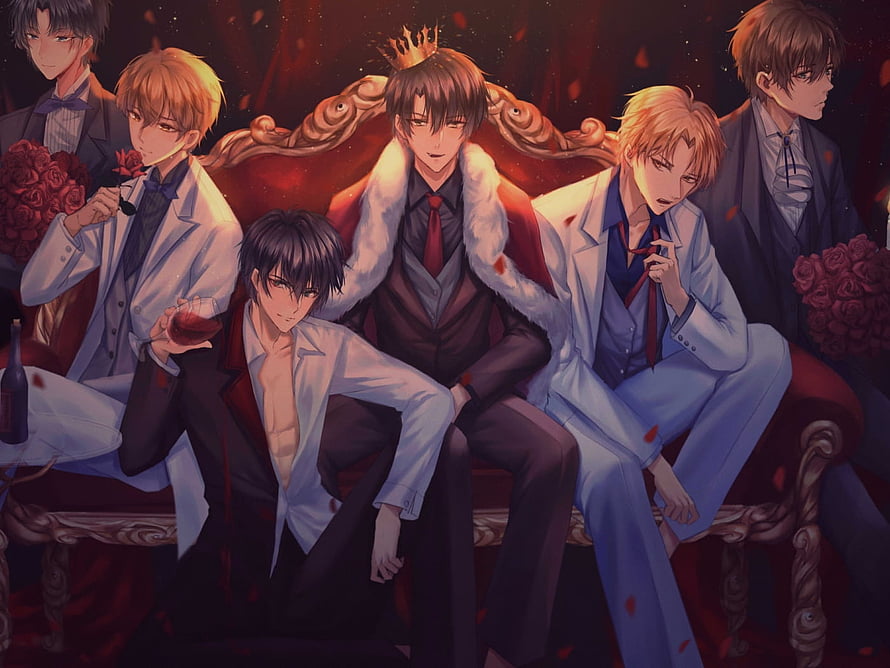 Brothers Conflict anime characters group portrait in formal suits and red roses HD wallpaper