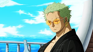 Roronoa Zoro from One Piece on a ship deck with ocean backdrop HD wallpaper