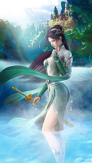 Elegant female warrior in green robes holding a sword in a misty mountain landscape HD phone wallpaper