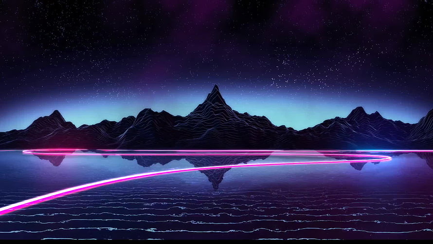 Neon Synthwave Mountains Landscape With Glowing Pink Light Trails Over Reflective Water HD wallpaper