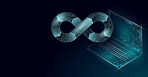 Futuristic Low Poly Infinity Symbol and Laptop Wireframe on Dark Background HD wallpaper
