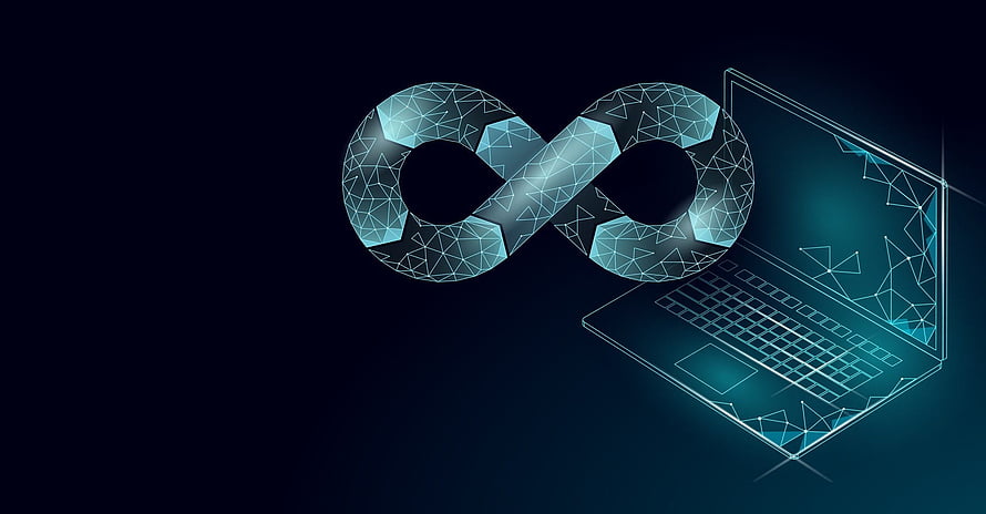 Futuristic Low Poly Infinity Symbol and Laptop Wireframe on Dark Background HD wallpaper