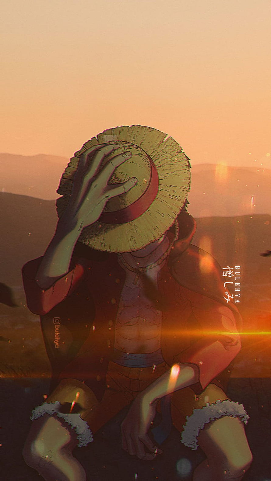 Luffy from One Piece Sitting in a Sunset Landscape Wearing His Straw Hat HD phone wallpaper
