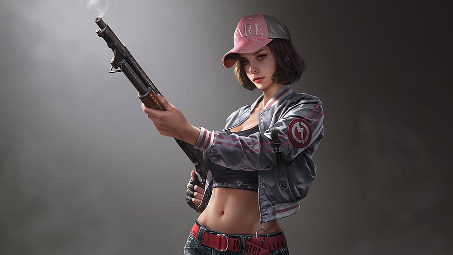 Female PUBG Character Digital Art with Shotgun and Cap HD wallpaper