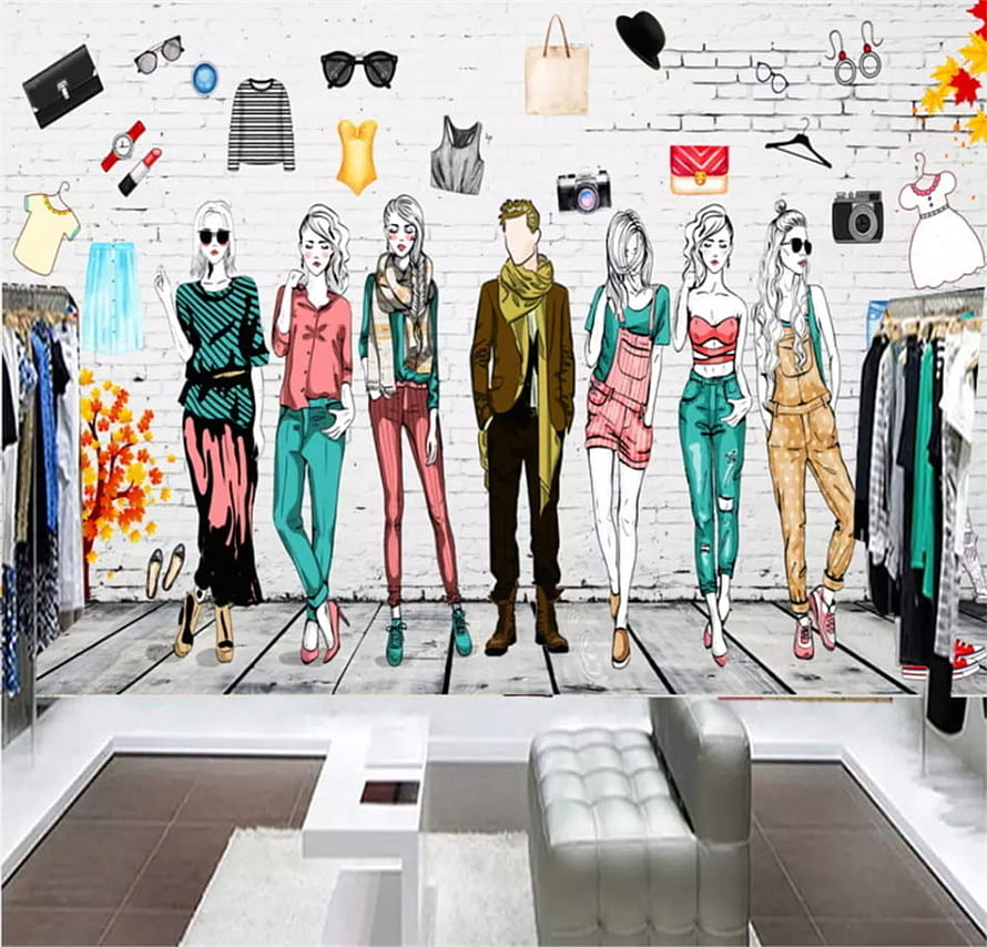 Fashion Boutique Interior Wall Mural With Illustrated Fashion Models And Accessories HD wallpaper