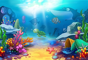 Cute Cartoon Underwater Scene with Whale, Turtle, and Colorful Coral Reef HD wallpaper