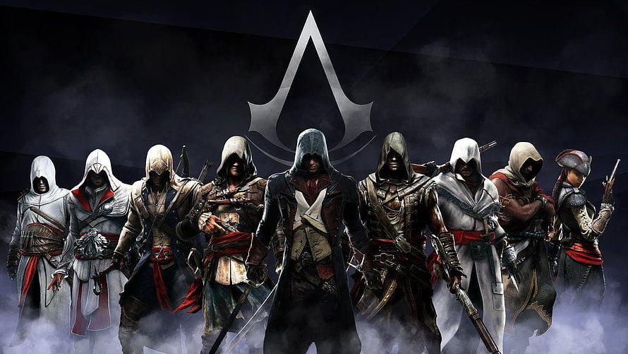Assassin's Creed Legacy Lineup of Hooded Assassins in Dramatic Mist HD wallpaper