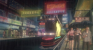 Rainy Night Cityscape with Neon Signs and Pedestrians in 90s Anime Style HD wallpaper