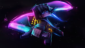 Minecraft Character Wielding Neon Pixel Swords in Dark Space HD wallpaper