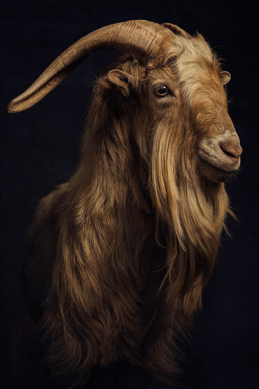 Portrait of a Majestic Long-Haired Goat with Curved Horns on Dark Background HD phone wallpaper