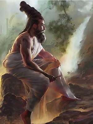 Thiruvalluvar Writing on a Stone Tablet in a Misty Forest HD phone wallpaper