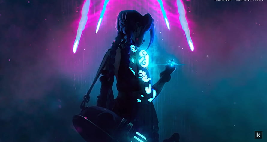 Jinx from Arcane in Neon Cyberpunk Setting with Glowing Runes and Electric Energy HD wallpaper