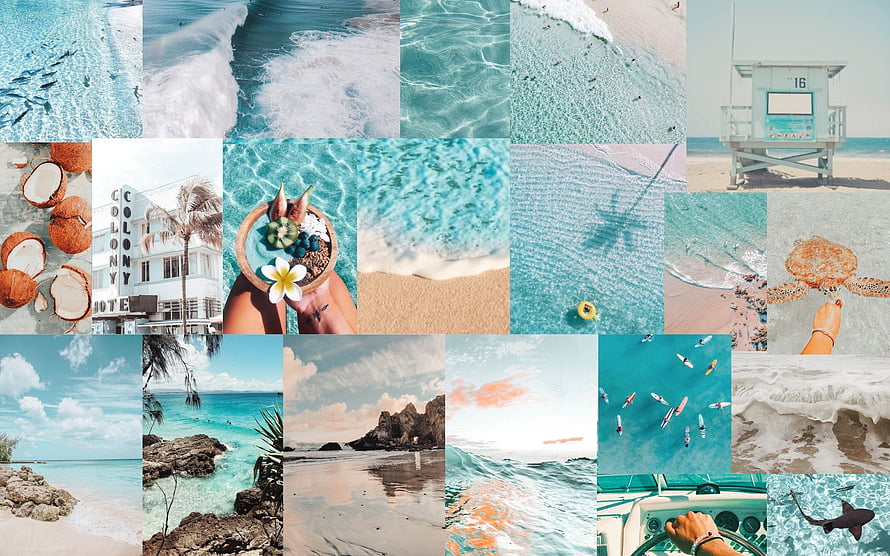 Tropical Beach Vacation Collage With Ocean Waves, Palm Trees, And Summer Travel Photography HD wallpaper