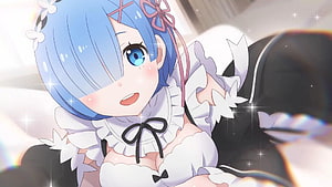 Rem from Re Zero in a frilly maid outfit with blue hair and sparkling eyes HD wallpaper