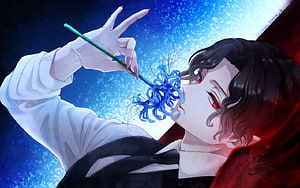 Kibutsuji Muzan holding blue spider lilies in a dramatic anime illustration HD wallpaper