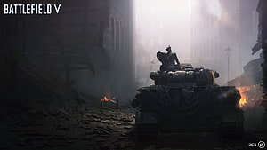 Battlefield V Last Tiger tank advancing through a smoky, war-torn European street at dusk HD wallpaper