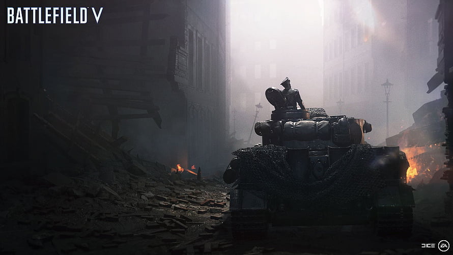 Battlefield V Last Tiger tank advancing through a smoky, war-torn European street at dusk HD wallpaper