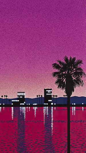 Vibrant Purple Sunset Cityscape With Palm Tree Silhouette And Water Reflections HD phone wallpaper