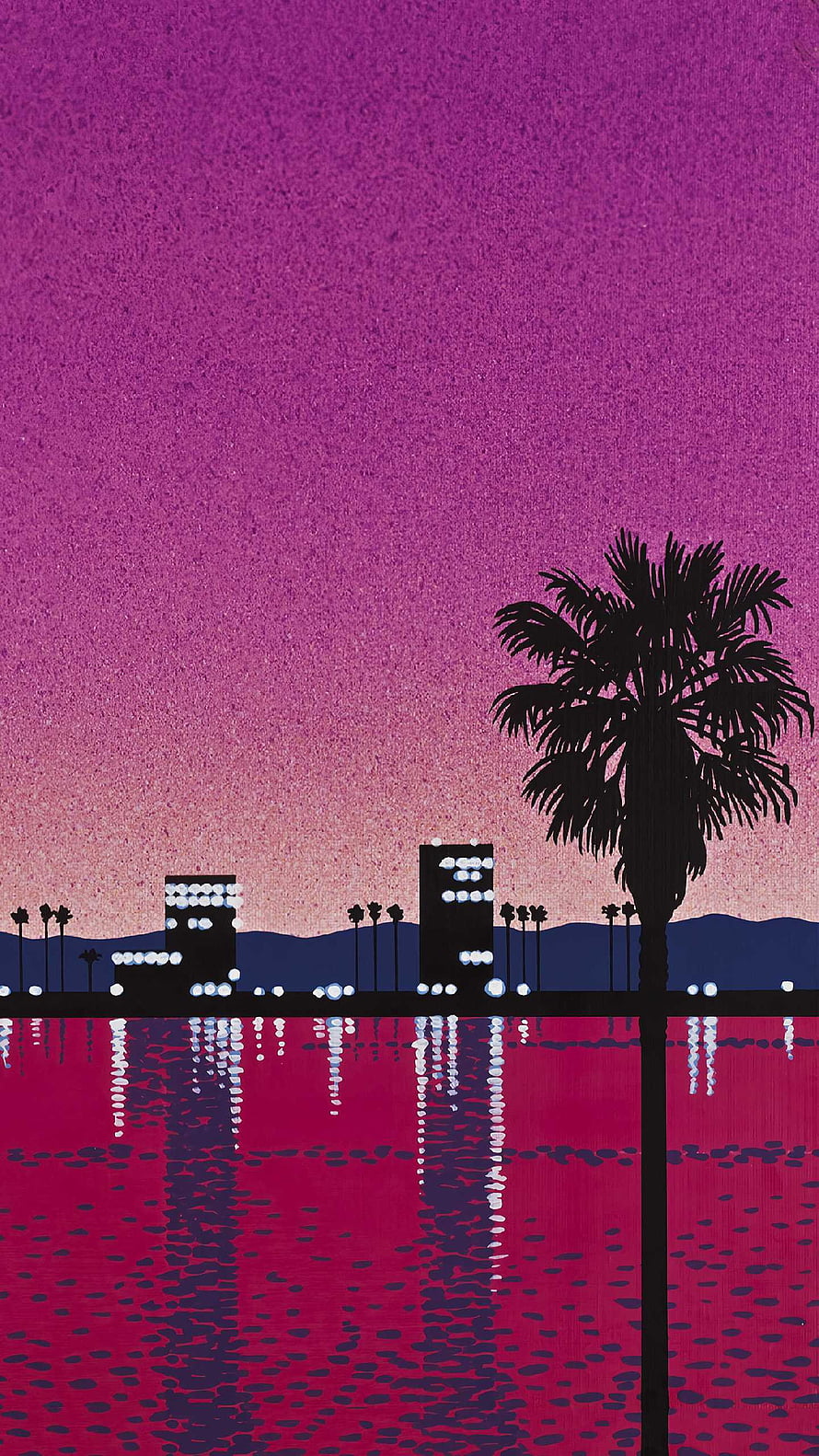 Vibrant Purple Sunset Cityscape With Palm Tree Silhouette And Water Reflections HD phone wallpaper