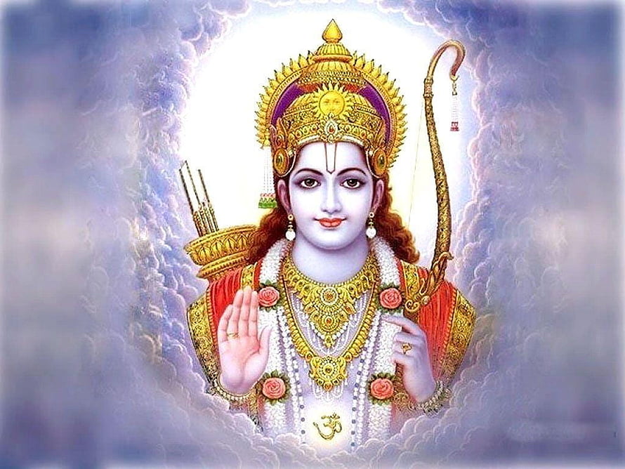 Lord Rama with Bow and Arrow in Divine Clouds Hindu God Portrait HD wallpaper