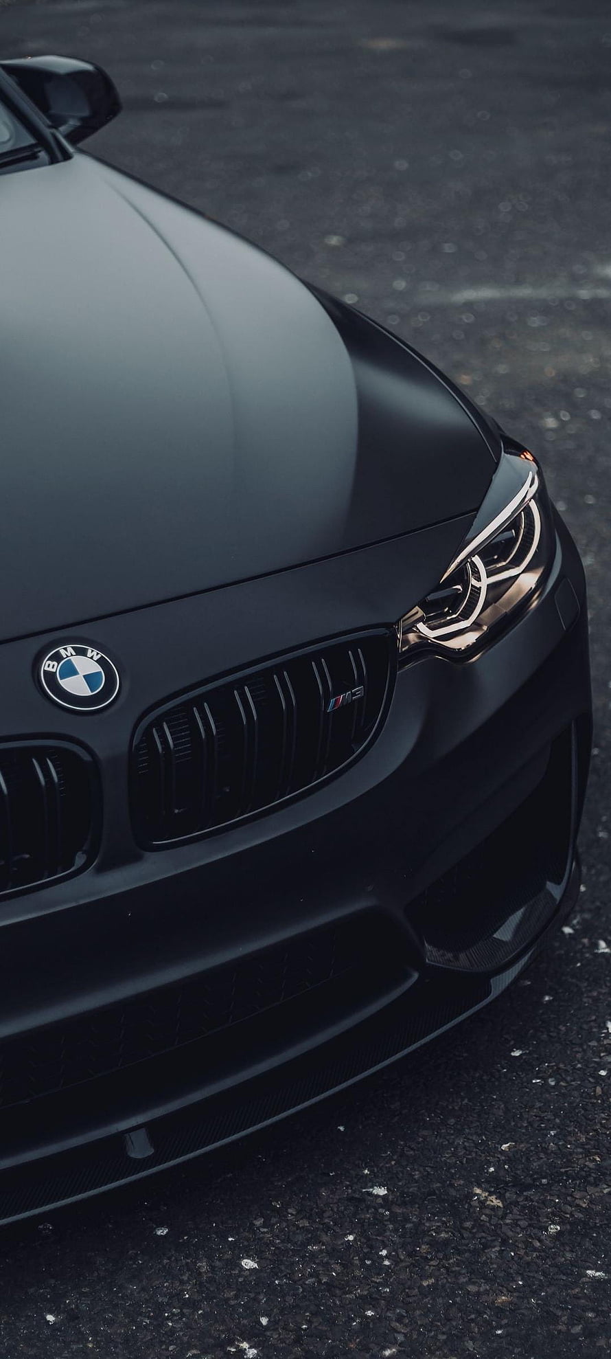 Matte Black BMW M3 Front Grille and Headlight Detail Close-Up HD phone wallpaper