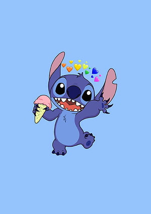 Stitch Holding Ice Cream Cone With Rainbow Hearts On Light Blue Background HD phone wallpaper