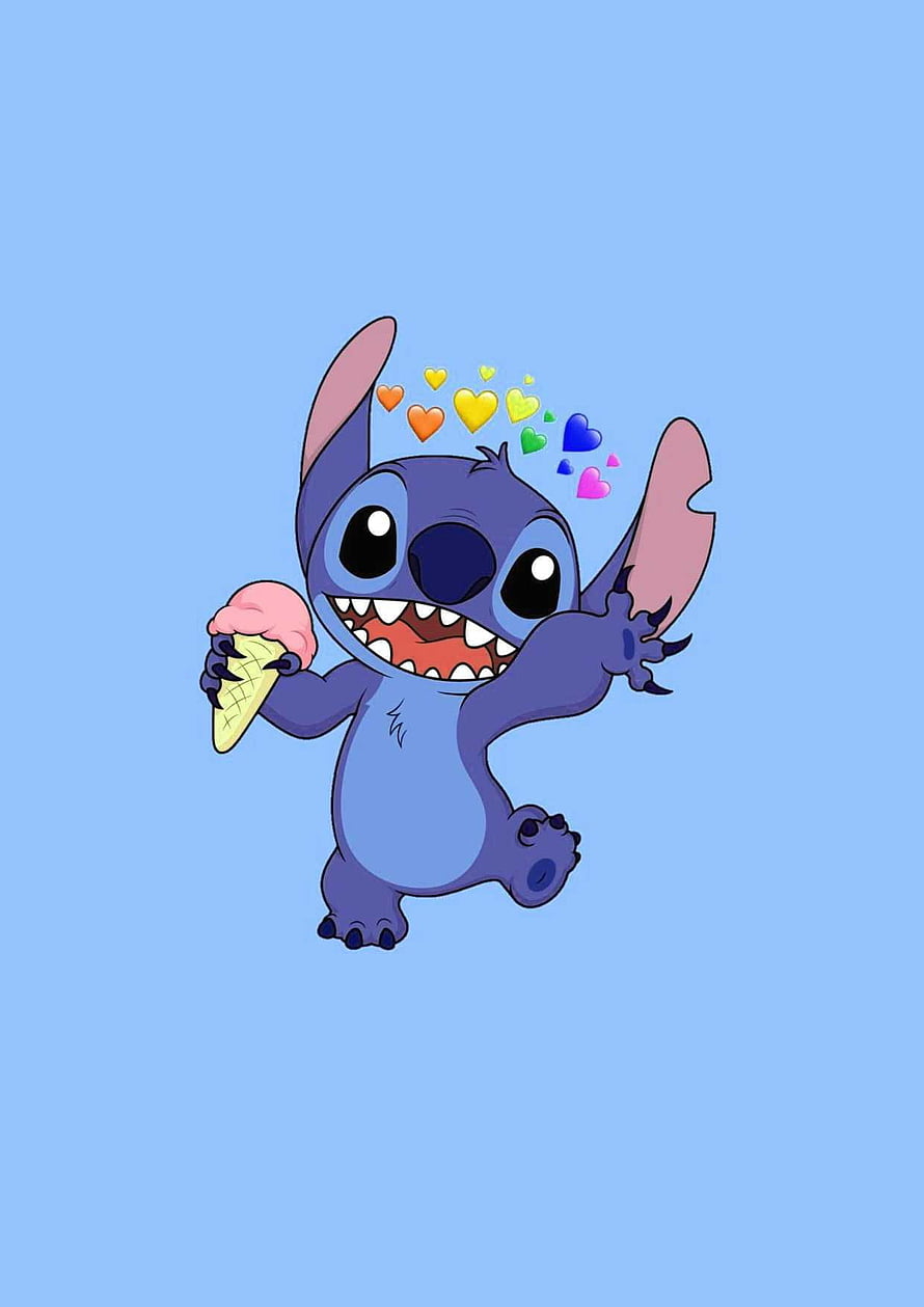 Stitch Holding Ice Cream Cone With Rainbow Hearts On Light Blue Background HD phone wallpaper