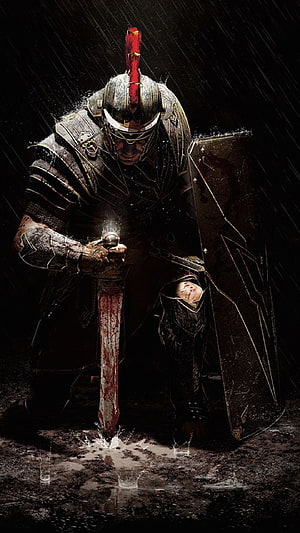 Spartan Warrior Kneeling in Rain with Bloodied Sword and Shield HD phone wallpaper