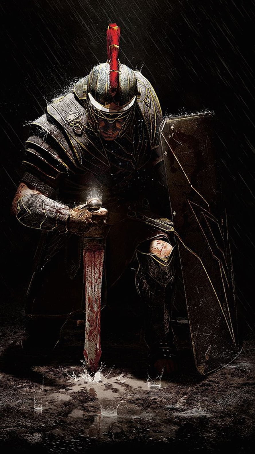 Spartan Warrior Kneeling in Rain with Bloodied Sword and Shield HD phone wallpaper