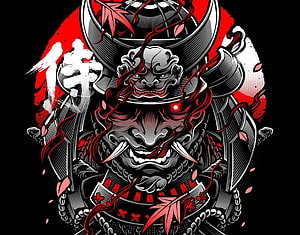 Red and Black Japanese Samurai Warrior Mask Illustration with Maple Leaves HD wallpaper