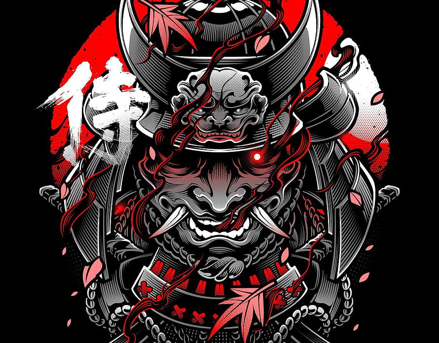 Red and Black Japanese Samurai Warrior Mask Illustration with Maple Leaves HD wallpaper
