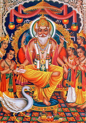 Lord Vishwakarma Traditional Indian Painting with Swans and Devotees HD phone wallpaper