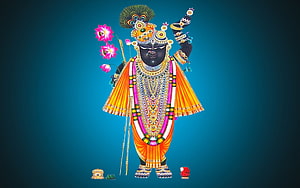 Shrinathji Devotee Portrait in Traditional Attire with Lotus and Peacock Crown HD wallpaper