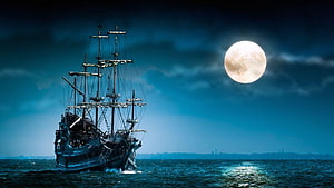 Weathered Tall Ship Sailing on Dark Ocean Under a Glowing Full Moon HD wallpaper