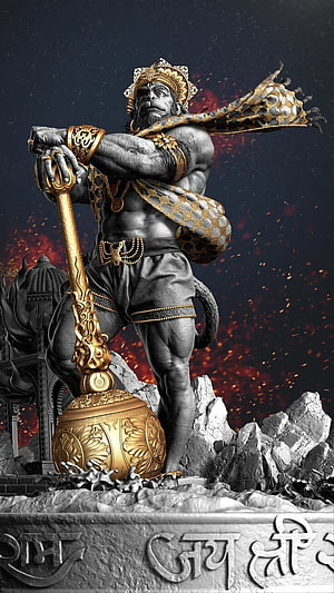 Majestic Hanuman Statue Holding Golden Mace with Intricate Details and Fiery Background, Jai Shri Ram Ji, Jai Hanuman Ji, hanuman 3d HD phone wallpaper